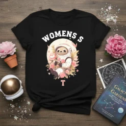 Womens S T astronaut sloth design with flowers and stars on a black t-shirt, suitable for space enthusiasts