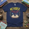 Navy t-shirt with "WONDER choose kind (it matters)" text above an open book graphic with planets and stars