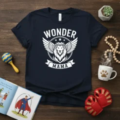 Wonder Mama T-Shirt with a winged lion graphic and laurel wreath, perfect for fierce mothers
