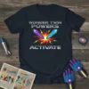 Wonder Twin Powers Activate text with purple and blue crystal graphic on navy t-shirt