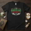 Wonderland University text with Alice in Wonderland graphics on a black t-shirt, including a rabbit and open book