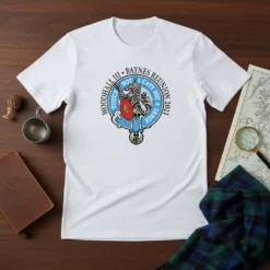 White t-shirt with Woodhall III Baynes Reunion 2021 crest design, featuring a tiger and the motto "Touch Not A Catt