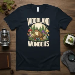 Woodland Wonders t-shirt design with a frog, mushrooms, and forest trees, featuring the text "WOODLAND WONDERS" in bold font