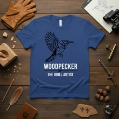 Woodpecker The Drill Artist t-shirt design featuring a black outline illustration of a flying woodpecker and text