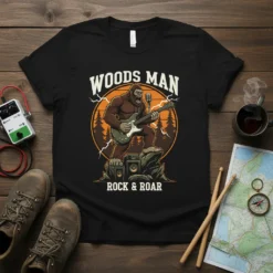 Woods Man Rock & Roar Bigfoot playing guitar with microphone and speakers, vintage sunset forest background