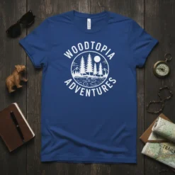 Woodtopia Adventures t-shirt with a circular design of trees, a river, and a moon