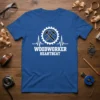Woodworker Heartbeat t-shirt design with crossed hammer and pencil inside a saw blade graphic and heartbeat line