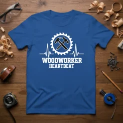 Woodworker Heartbeat t-shirt design with crossed hammer and pencil inside a saw blade graphic and heartbeat line