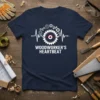 Woodworker's Heartbeat t-shirt design with a saw blade, gears, and heartbeat line graphic