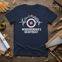 Woodworker's Heartbeat t-shirt design with a saw blade, gears, and heartbeat line graphic