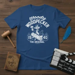 Woody Woodpecker The Original 1940 T-Shirt featuring the cartoon character pecking wood, in white vintage style print on a blue