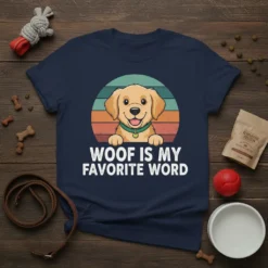 Woof Is My Favorite Word t-shirt with a smiling golden retriever graphic and retro sunset background