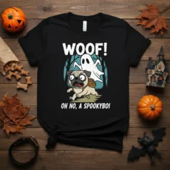 Woof! Oh No, A Spookyboi text with a scared pug running from a ghost graphic on a black t-shirt for