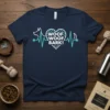 Woof Woof Bark! text design with a dog silhouette and heartbeat line graphic on a navy blue t-shirt