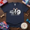 Woof Woof I'm 9 birthday t-shirt design with a cute black and white Boston Terrier and the number 9