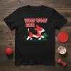 Woof Woof Run text with a red and white cartoon dog running in a park, black t-shirt design