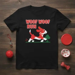 Woof Woof Run text with a red and white cartoon dog running in a park, black t-shirt design