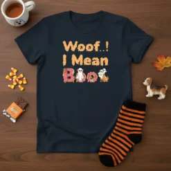 Woof..! I Mean Boo! Halloween T-Shirt with donuts, ghosts, and dogs graphic