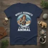 Woolly Mammoth is My Spirit Animal t-shirt with a circular graphic of a mammoth in a snowy mountain landscape