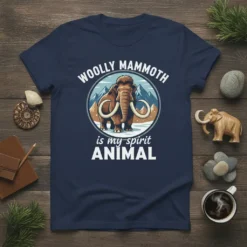Woolly Mammoth is My Spirit Animal t-shirt with a circular graphic of a mammoth in a snowy mountain landscape