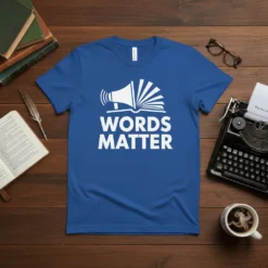 Royal blue t-shirt with white text "Words Matter" and an open book with a megaphone graphic