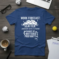 Work Forecast Scatter Sarcasm With A Strong Chance Of Muttered Profanity text design on a blue t-shirt