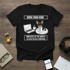 Black t-shirt with "Work From Home Employee Of The Month I've Been The Best Companion" text and a cartoon dog