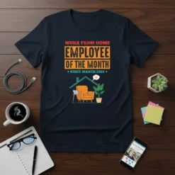 Navy blue t-shirt with "Work From Home Employee Of The Month Since March 2020" text and a graphic of a