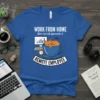 Work From Home Remote Employee Cat T-Shirt design featuring a sleeping cat in a coffee cup, computer, and alarm clock