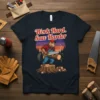 Work Hard. Saw Harder t-shirt with a cartoon beaver holding a saw and cutting a log