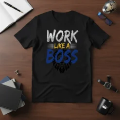 Black t-shirt with "Work Like A Boss" text and a lion graphic