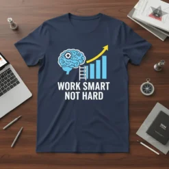 Work Smart Not Hard quote on navy t-shirt with brain and growth chart graphic