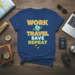 Blue t-shirt with yellow and teal text reading "WORK TRAVEL SAVE REPEAT" and a graphic of the Earth
