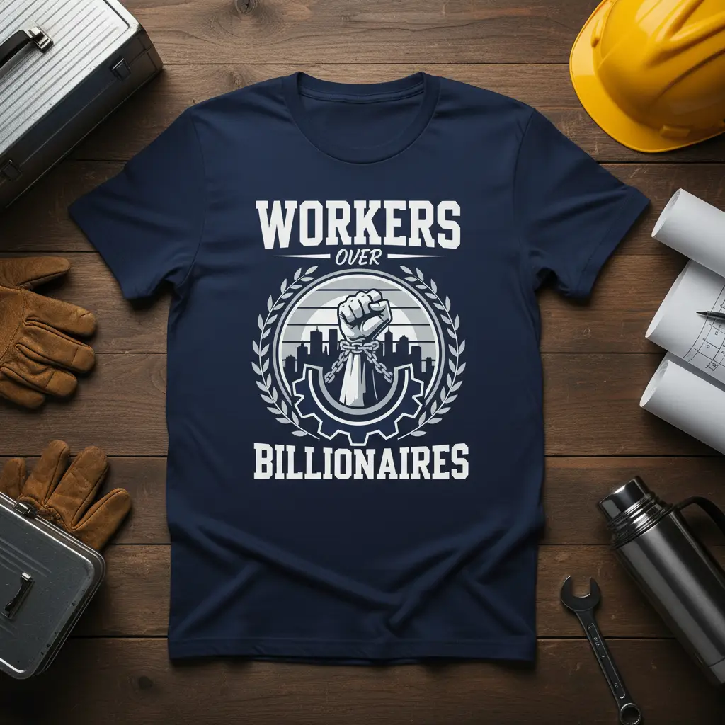 Workers Over Billionaires quote graphic with raised fist, chains, and gears on a t-shirt