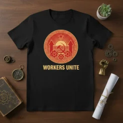 Black t-shirt with red and gold "Workers Unite" text and hammer and sickle emblem
