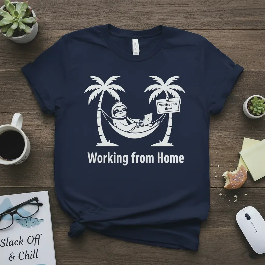 Humorous Working from Home t-shirt design featuring a sloth relaxing in a hammock and using a laptop