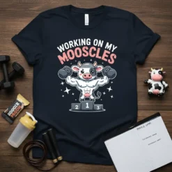 Working On My Mooscles t-shirt design with a muscular cow flexing on a winner's podium and stars