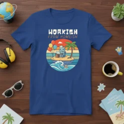Workish From Homeish text design on a blue t-shirt with a robot working on a laptop on a tropical island
