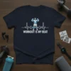 Workout Is My Beat T-Shirt with a muscular man graphic and heartbeat line, navy blue tee