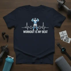 Workout Is My Beat T-Shirt with a muscular man graphic and heartbeat line, navy blue tee