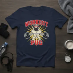 Workout Pug t-shirt design featuring a muscular pug lifting weights with bold red text