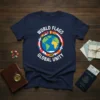 Navy t-shirt featuring the text WORLD FLAGS GLOBAL UNITY encircling a graphic of the Earth with international flags around it
