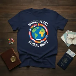 Navy t-shirt featuring the text WORLD FLAGS GLOBAL UNITY encircling a graphic of the Earth with international flags around it