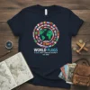 Navy t-shirt with a circular design of international flags around a green globe, text reads "WORLD FLAGS GLOBAL UNITY THROUGH