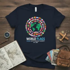 Navy t-shirt with a circular design of international flags around a green globe, text reads "WORLD FLAGS GLOBAL UNITY THROUGH