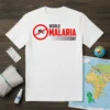 White t-shirt with "World Malaria Day" text and a red no-mosquito symbol, representing disease awareness