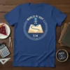 World Pi Day π 3.14 design on a blue t-shirt, featuring an open book and pi digits, perfect for math