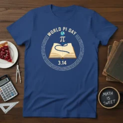World Pi Day π 3.14 design on a blue t-shirt, featuring an open book and pi digits, perfect for math