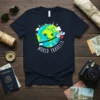 World Traveler t-shirt design with a cute smiling Earth character and a small airplane flying around it
