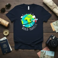 World Traveler t-shirt design with a cute smiling Earth character and a small airplane flying around it
